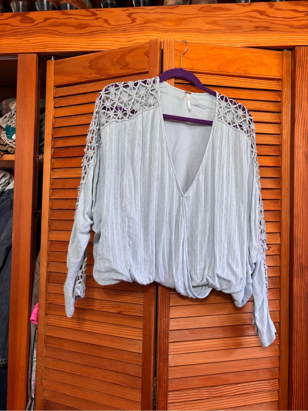 Free People Light Blue Crochet-Shoulder V-Neck Women's Top